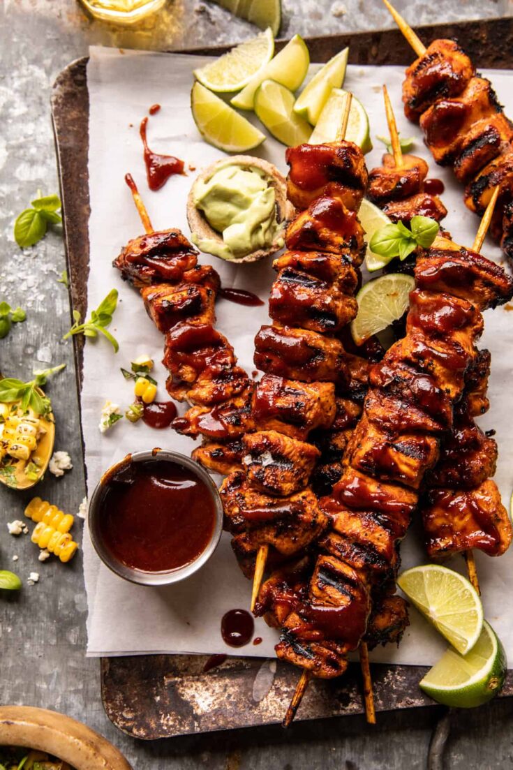 Image for Spicy Beer BBQ Chicken Skewers with Avocado Corn and Feta Salsa