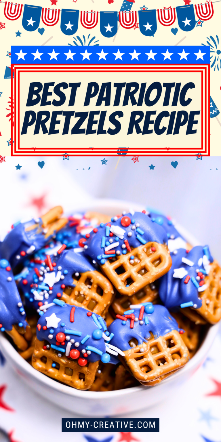 A bowl of square pretzels dipped in blue candy melts and topped with red, white, and blue patriotic sprinkles.
