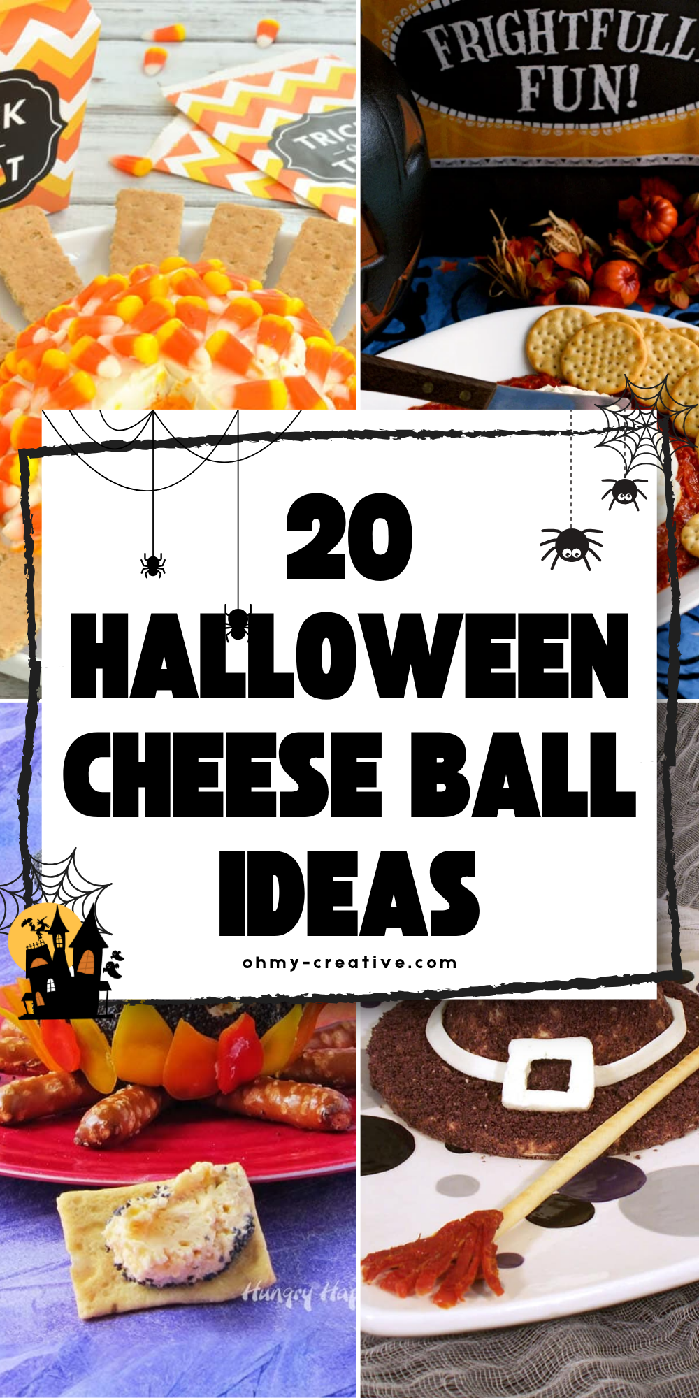 A collage image of 20 Halloween Cheese Ball Ideas to find cute ones, creepy ones, and everything in between for your party!