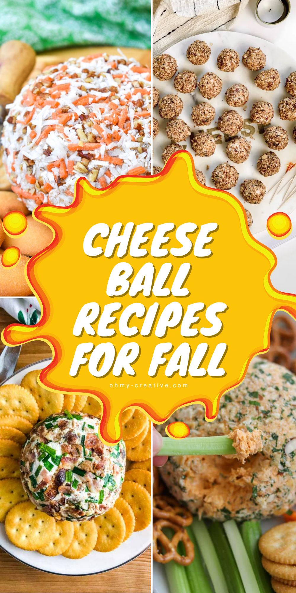 A collage image of Cheese Ball Recipes for Fall to bring warm smiles and full bellies during the fall season!