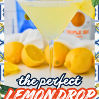 A close-up of a lemon drop martini in a sugar-rimmed glass, garnished with a lemon slice. The text reads 'The Perfect Lemon Drop Martini Cocktail' with a colorful, tile-patterned border and illustrated lemons and leaves. Branded with ohmy-creative.com at the bottom.