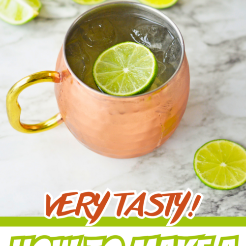 Copper mug filled with ice and a lime wedge, placed in front of Tito’s vodka and Fever-Tree ginger beer bottles, with the text “Very Tasty!! How to Make a Moscow Mule” and website “ohmy-creative.com” displayed.