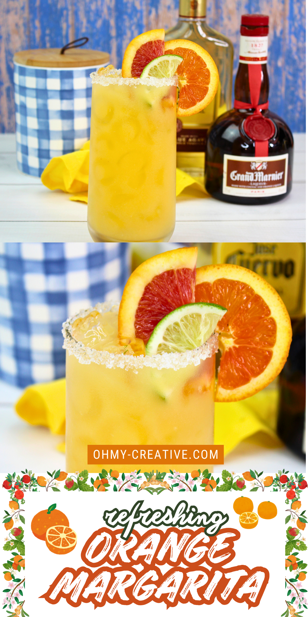 A refreshing orange margarita served in a salt-rimmed glass, garnished with slices of lime, blood orange, and orange; set on a white table with a yellow napkin, tequila bottle, and blue gingham decor in the background. Text on the image reads “Refreshing Orange Margarita"