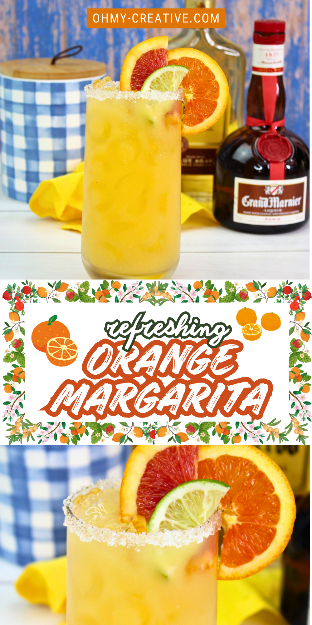A refreshing orange margarita served in a salt-rimmed glass, garnished with slices of lime, blood orange, and orange; set on a white table with a yellow napkin, tequila bottle, and blue gingham decor in the background. Text on the image reads “Refreshing Orange Margarita"