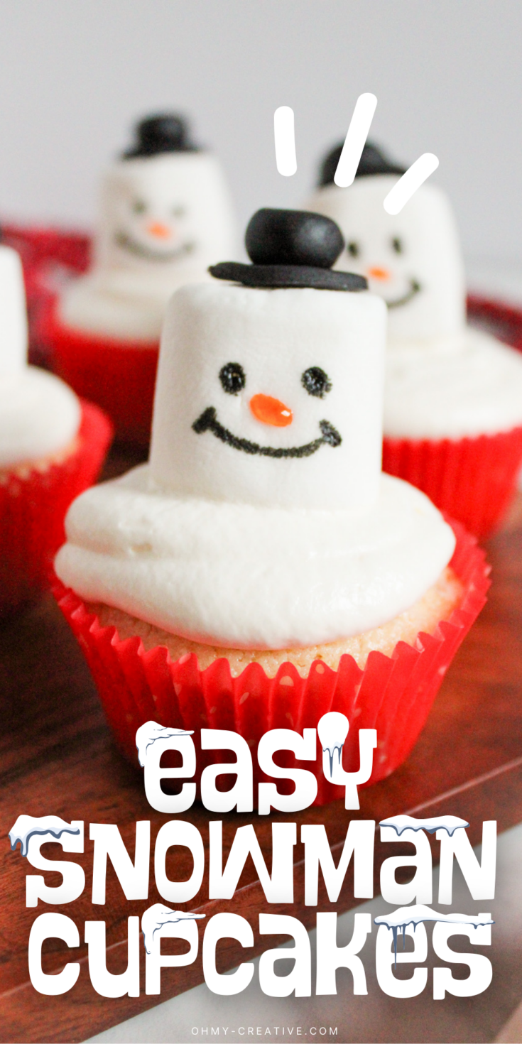 An image of Snowman Cupcakes that are easy to share and bring smiles to any holiday party!