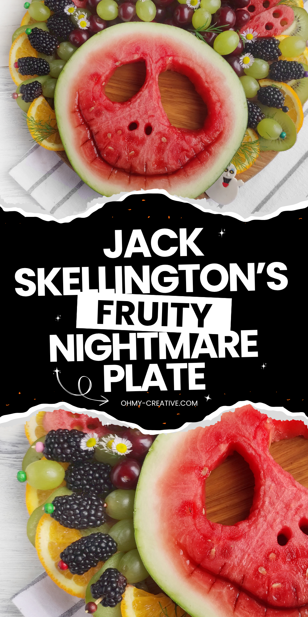 This image shows a spooky and creative fruit platter styled like Jack Skellington’s face using watermelon, grapes, blackberries, and other colorful fruits.