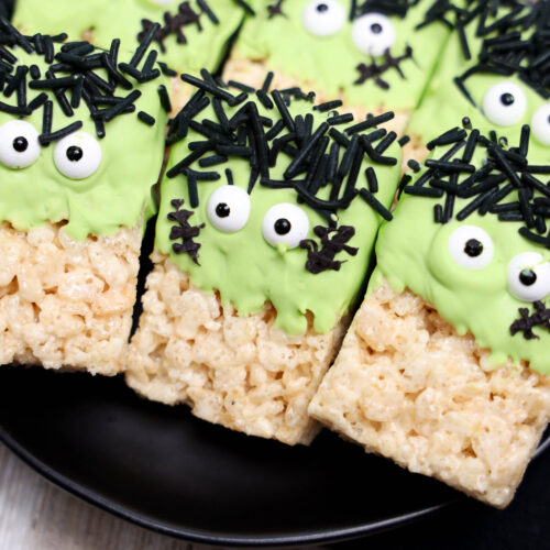 Finished Rice Krispies treats Frankenstein cookies.