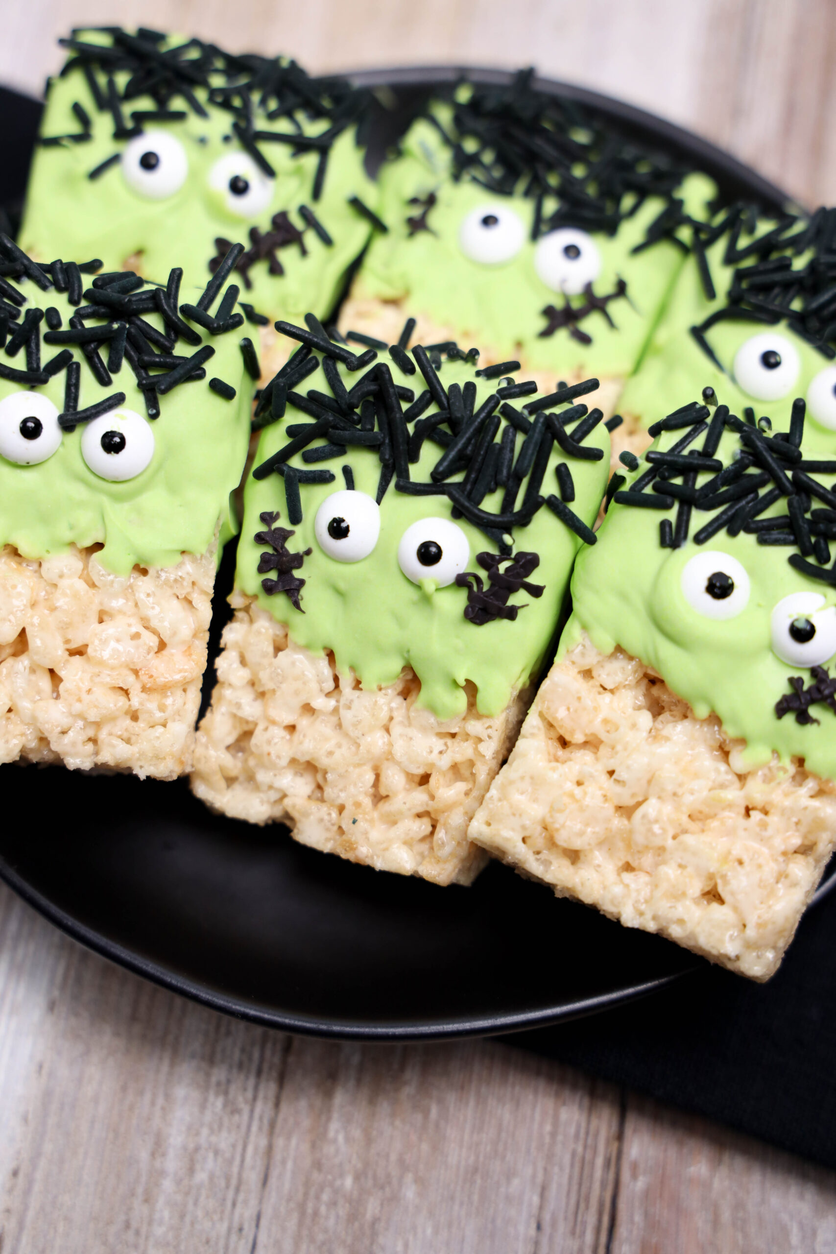 Finished Rice Krispies treats Frankenstein cookies.