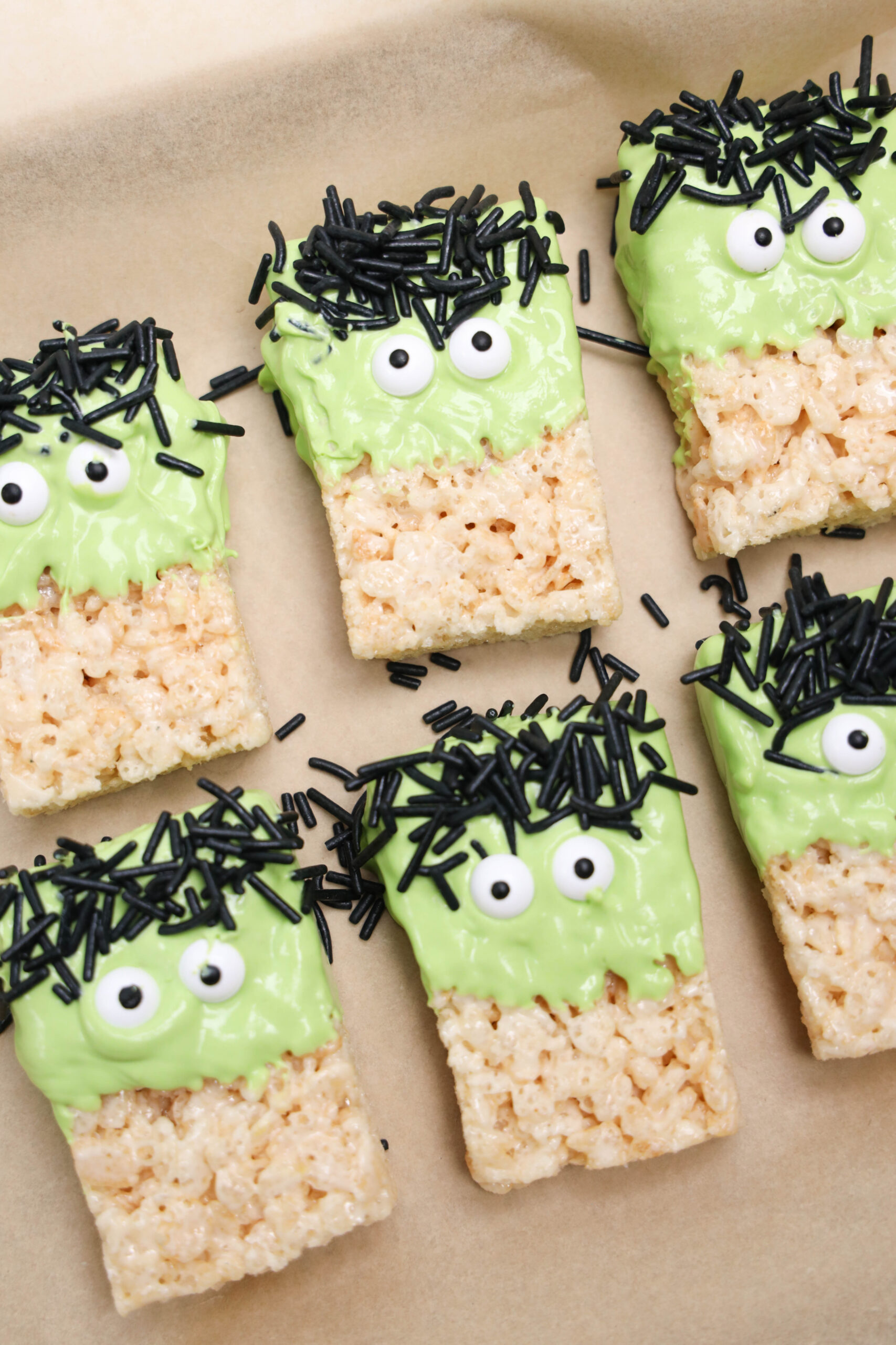 Step by step directions to make Frankenstein cookies made with Rice Krispies treats.