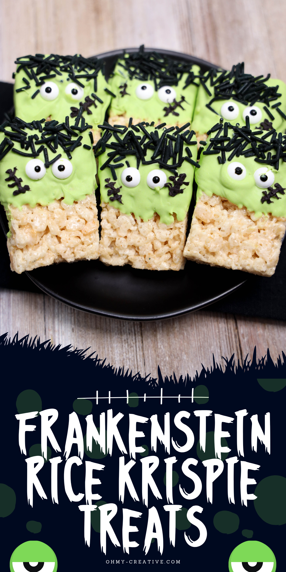 This image shows fun Frankenstein-themed Rice Krispie treats with green frosting, candy eyes, and black sprinkles for hair and stitches.