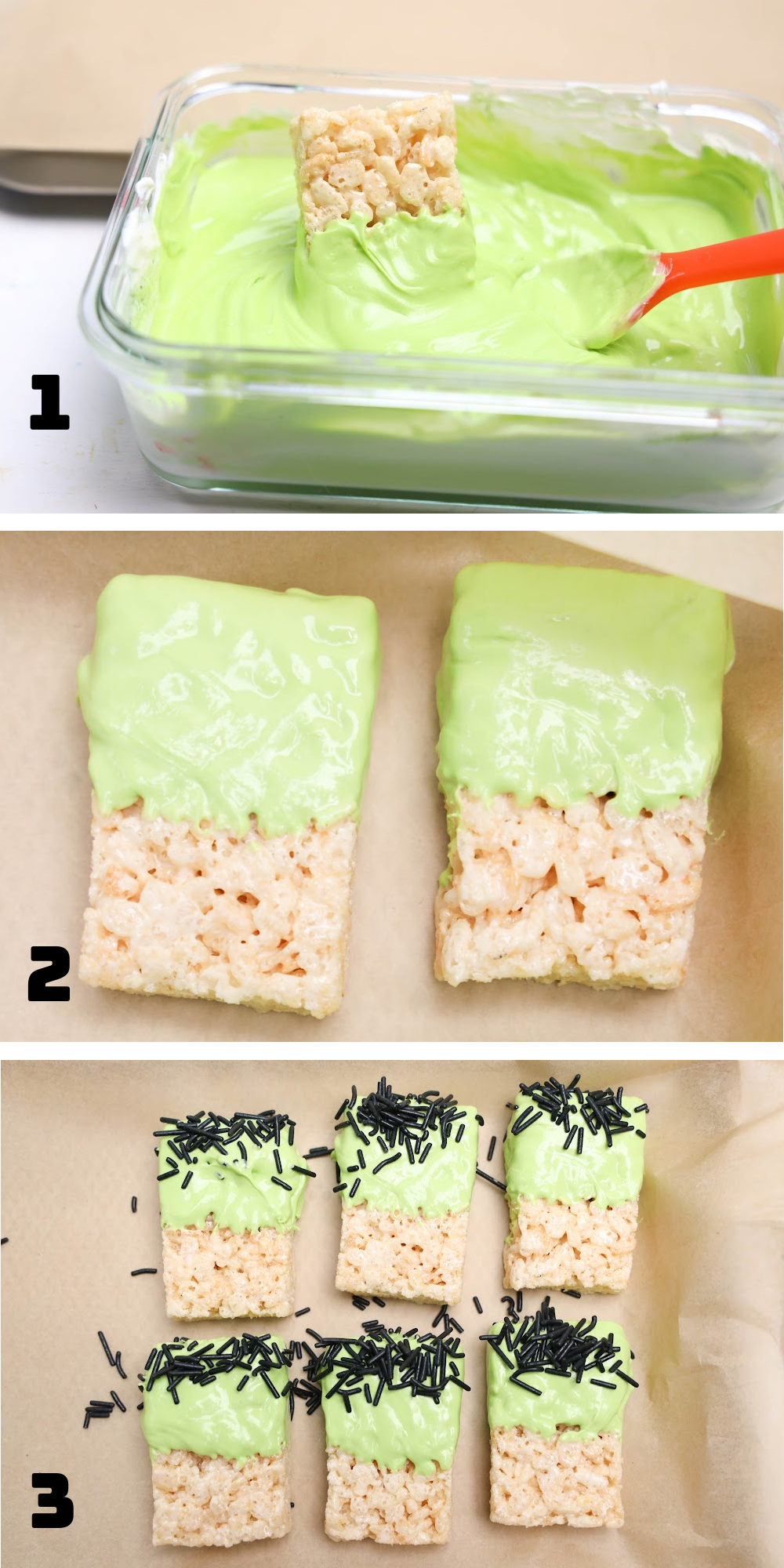 Three step by step photos on how to make Frankenstein Rice Krispies treats.