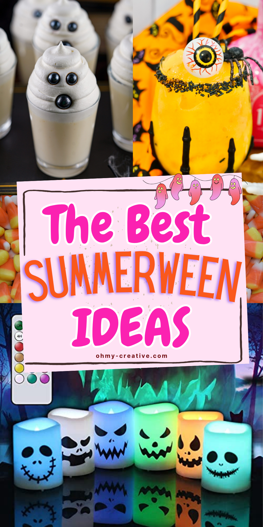 This image shows text for Summerween party ideas including drinks and decorations for summer Halloween.