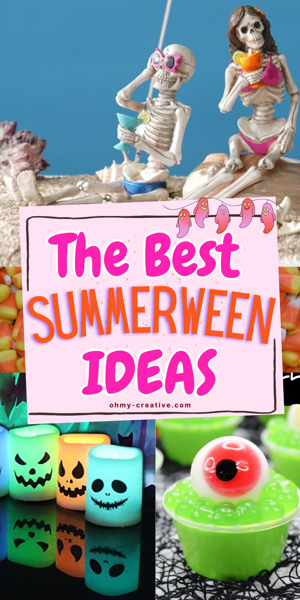 This image shows text for Summerween party ideas including drinks and skeleton decorations for summer Halloween.