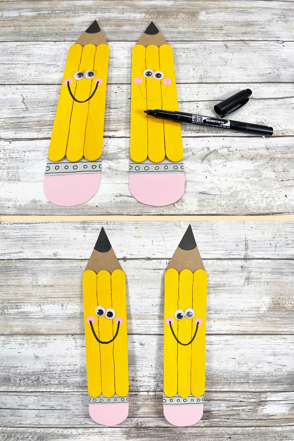 Last steps in a pencil craft for kids with googly eyes.