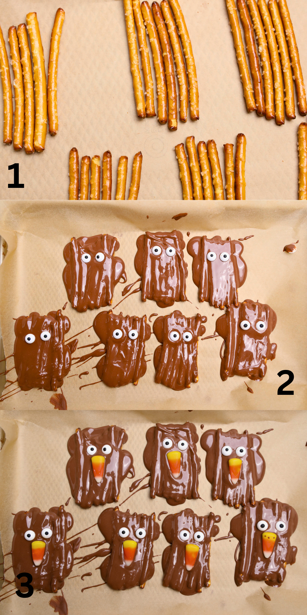 A collage image showing the step-by-step process of how to make this turkey pretzel treat!