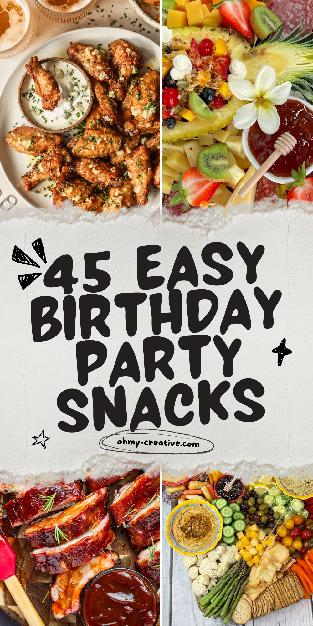 A collage image of Birthday Party Snacks that are easy to make and fun to serve.