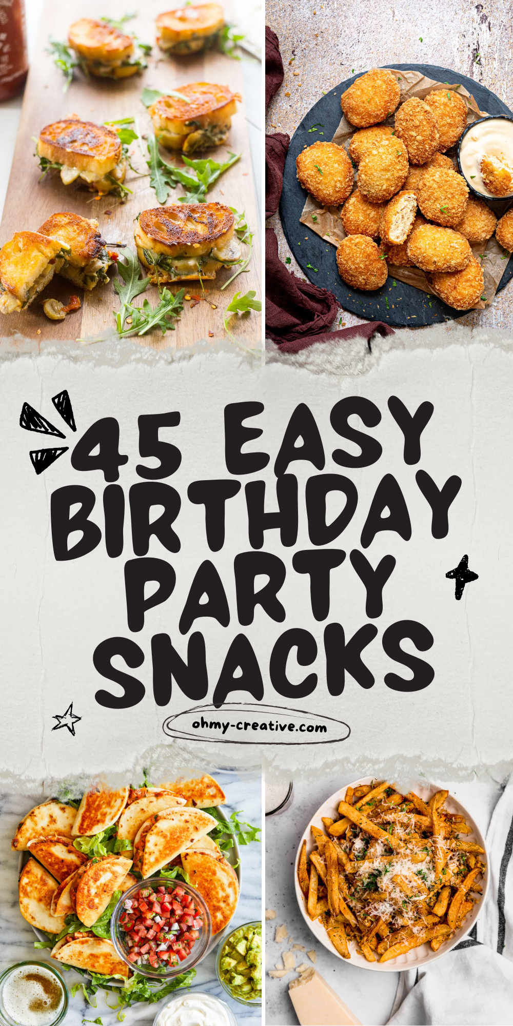 A collage image of Birthday Party Snacks that are easy to make and fun to serve.