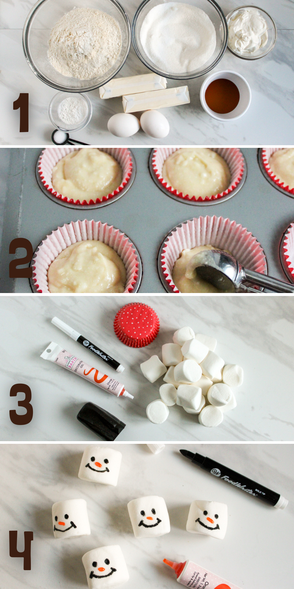 A collage image of step-by-step process on how to make Snowman Cupcakes.