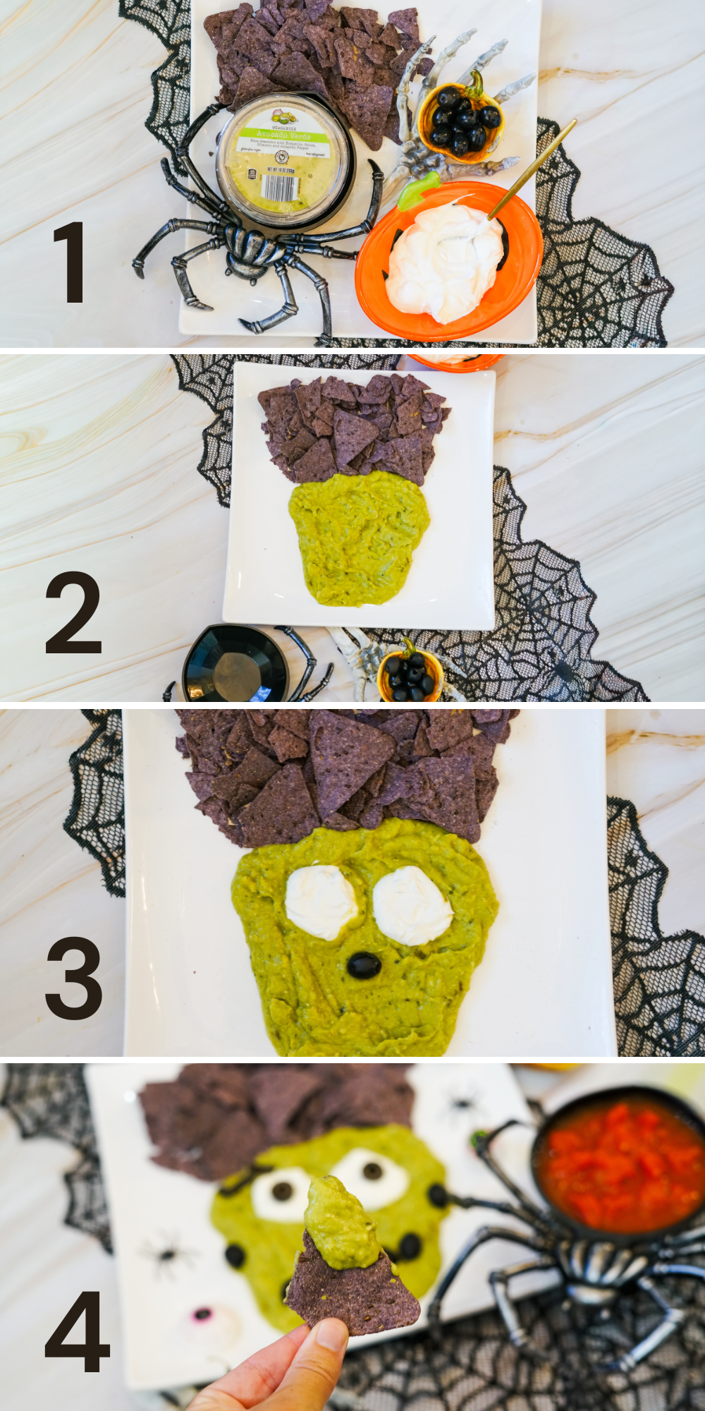 A collage image of step-by-step process on how to make a Frankenstein Guacamole.