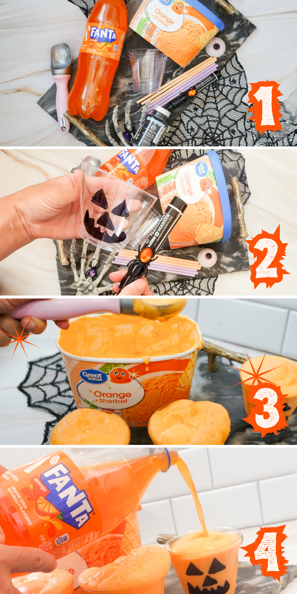 A collage image of step-by-step process on how to make Jack-O-Lantern Floats.