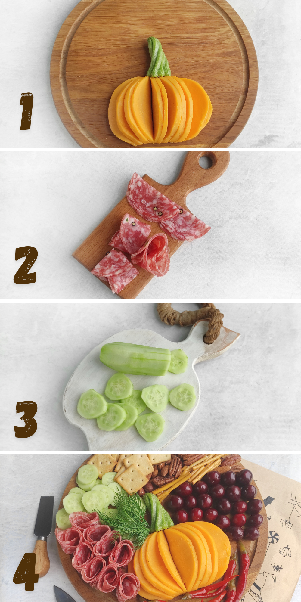 A collage image of step-by-step process on how to make Pumpkin Charcuterie Board.