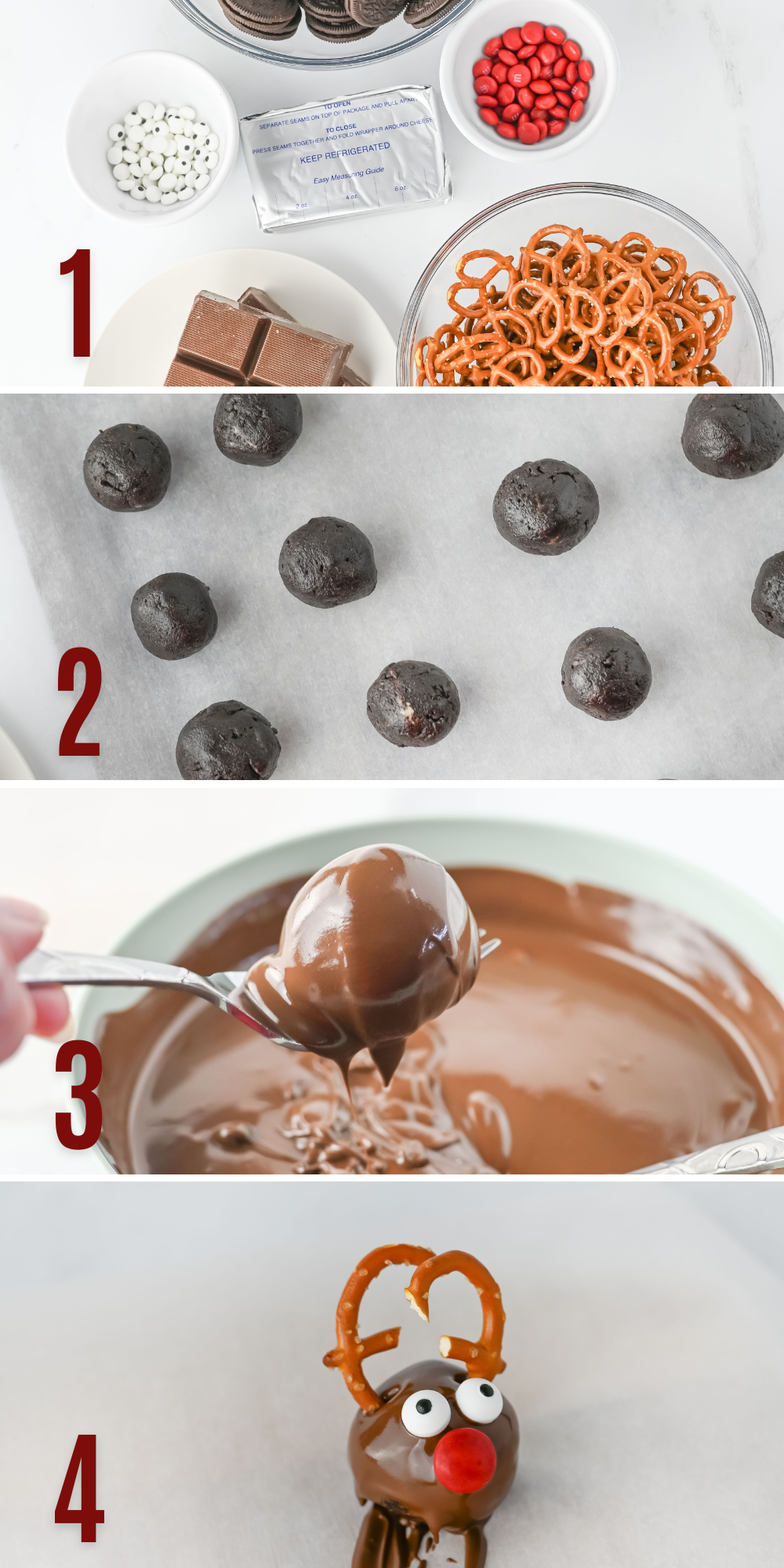 A step-by-step process on how to make a Reindeer Oreo Balls.