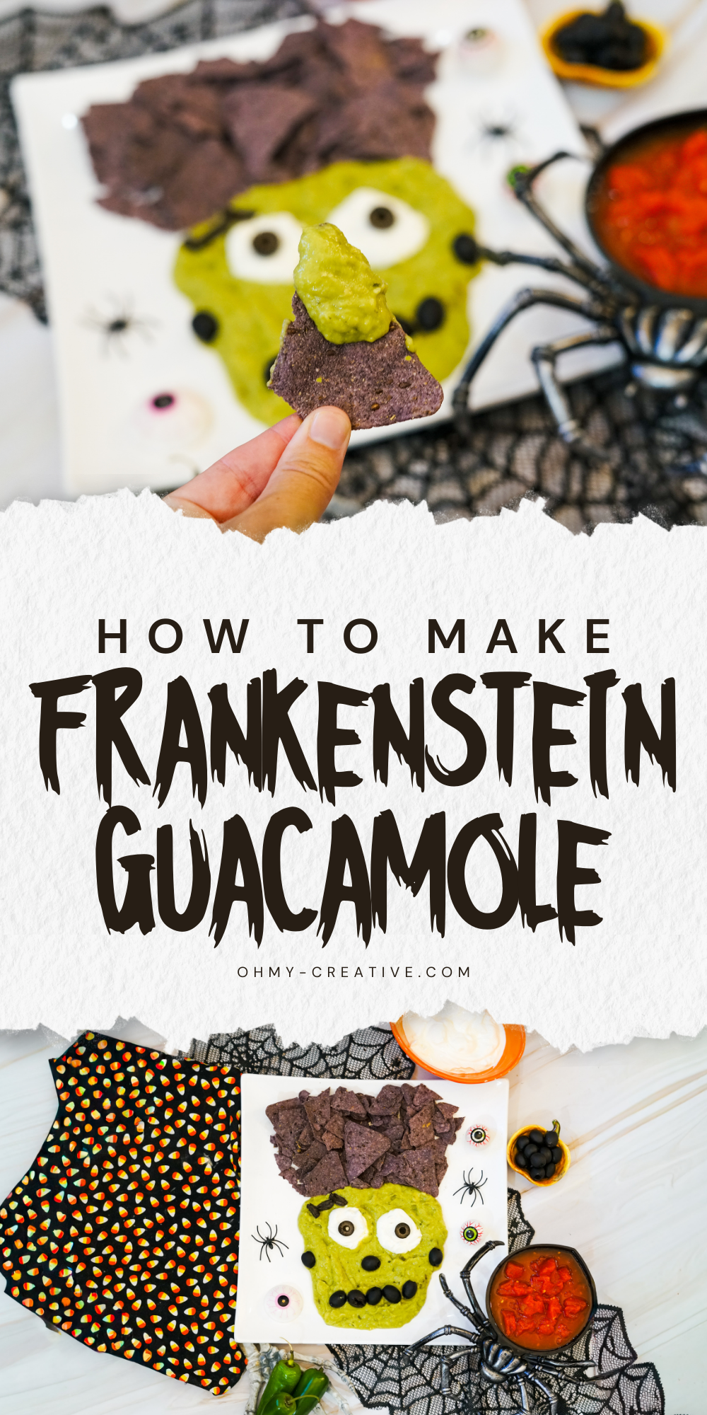 A collage image of Frankenstein Guacamole to add a playful and yummy snack to your Halloween table.