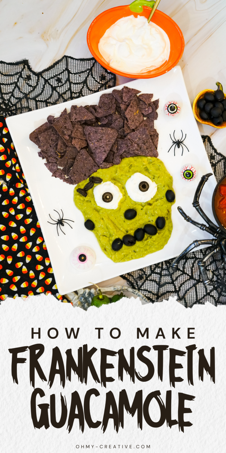 A collage image of Frankenstein Guacamole to add a playful and yummy snack to your Halloween table.