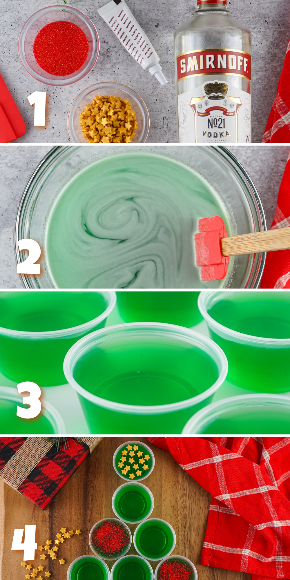 A collage image of step-by-step process on how to make Jello Shot Christmas Tree.