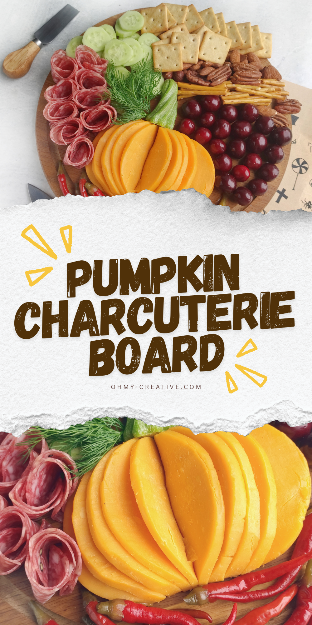 A collage image of a Pumpkin Charcuterie Board that is a tasty and creative way to serve snacks in the fall.