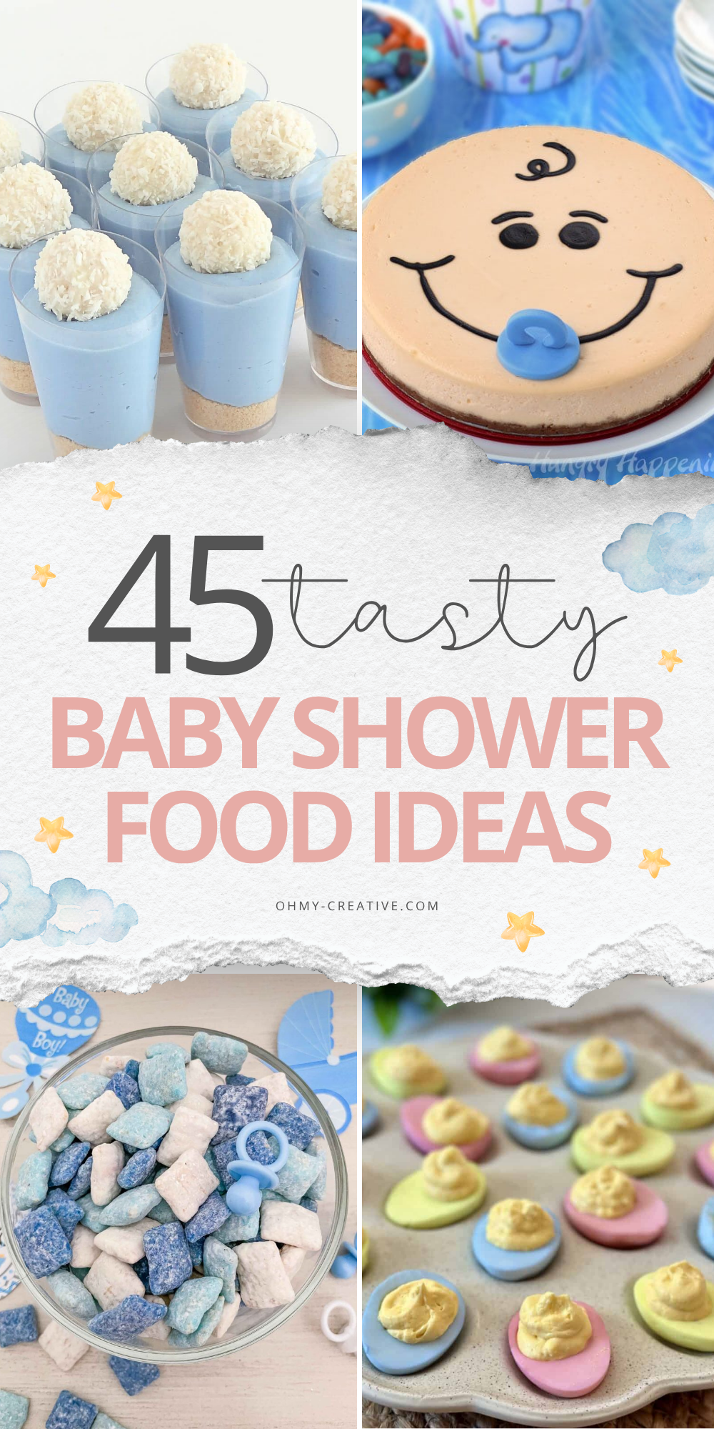  A collage image of 45 Baby Shower Food Ideas to add a warm, joyful feel to the celebration.