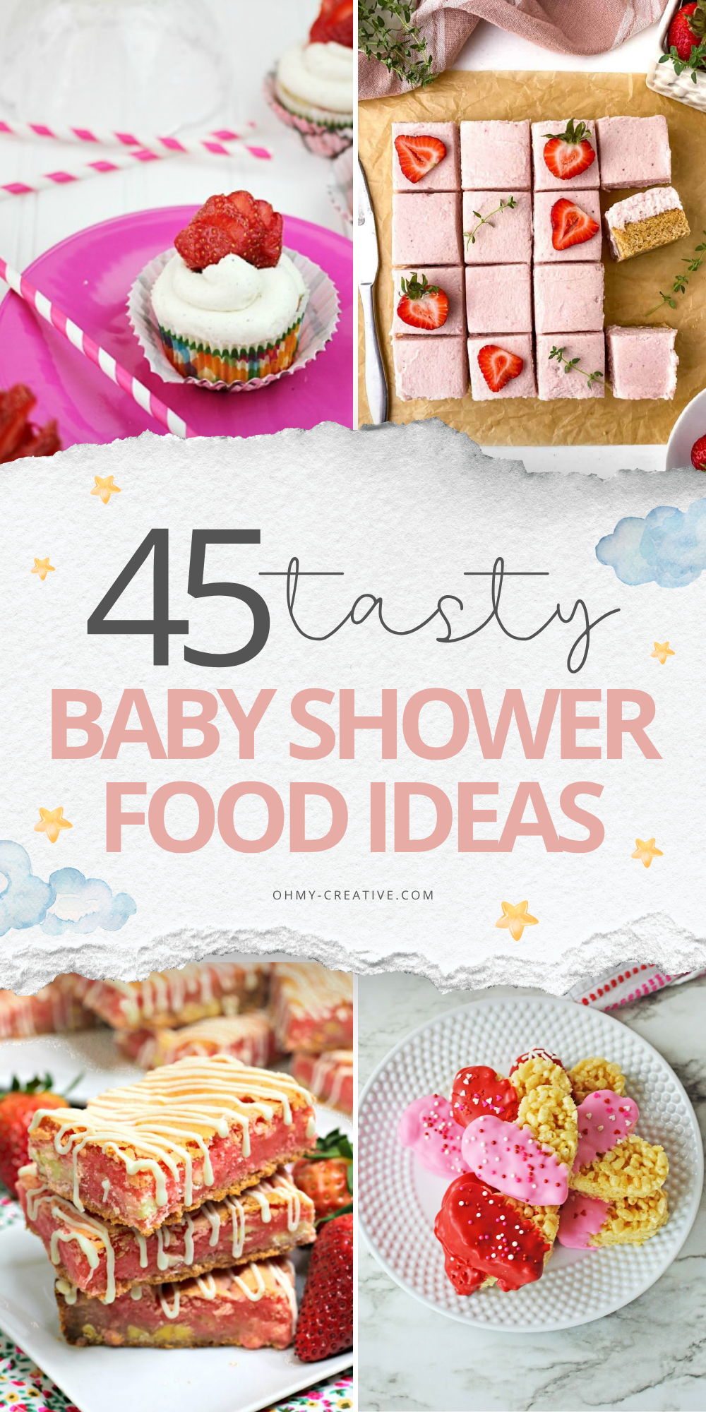  A collage image of 45 Baby Shower Food Ideas to add a warm, joyful feel to the celebration.
