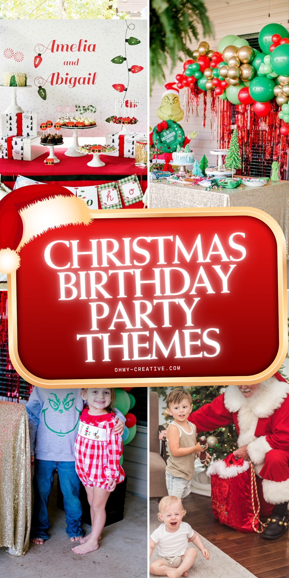 A collage image of Christmas Birthday Party Themes to create a cheerful day full of love, laughter, and holiday magic.