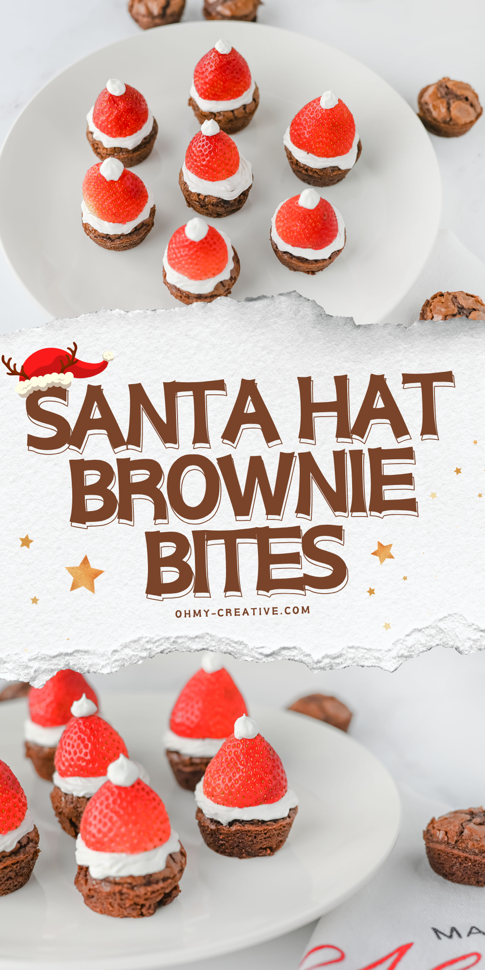 A collage image of Santa Hat Brownie Bites.
