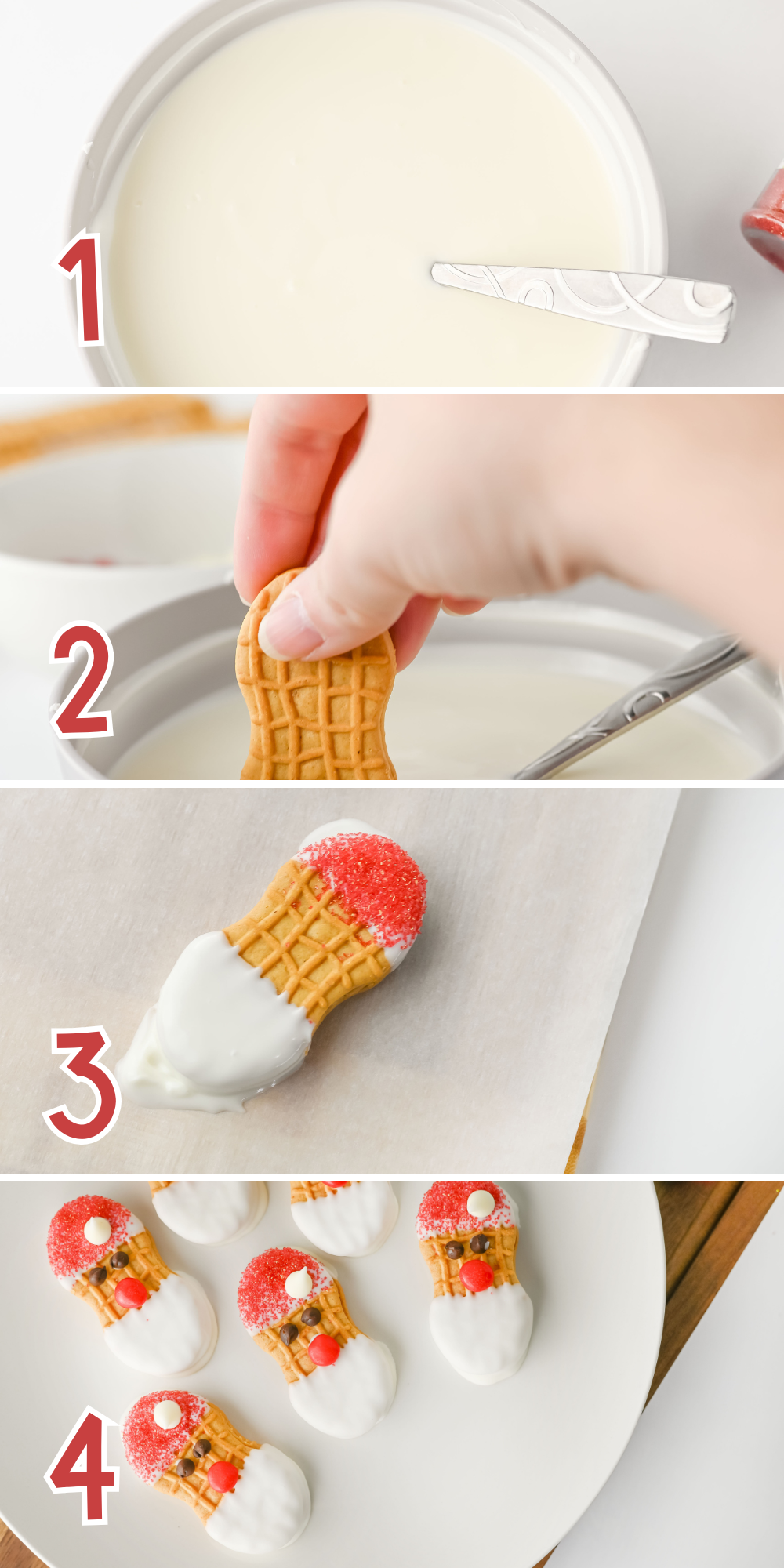 A collage image of step-by-step process on how to make Santa Nutter Butter Cookies.