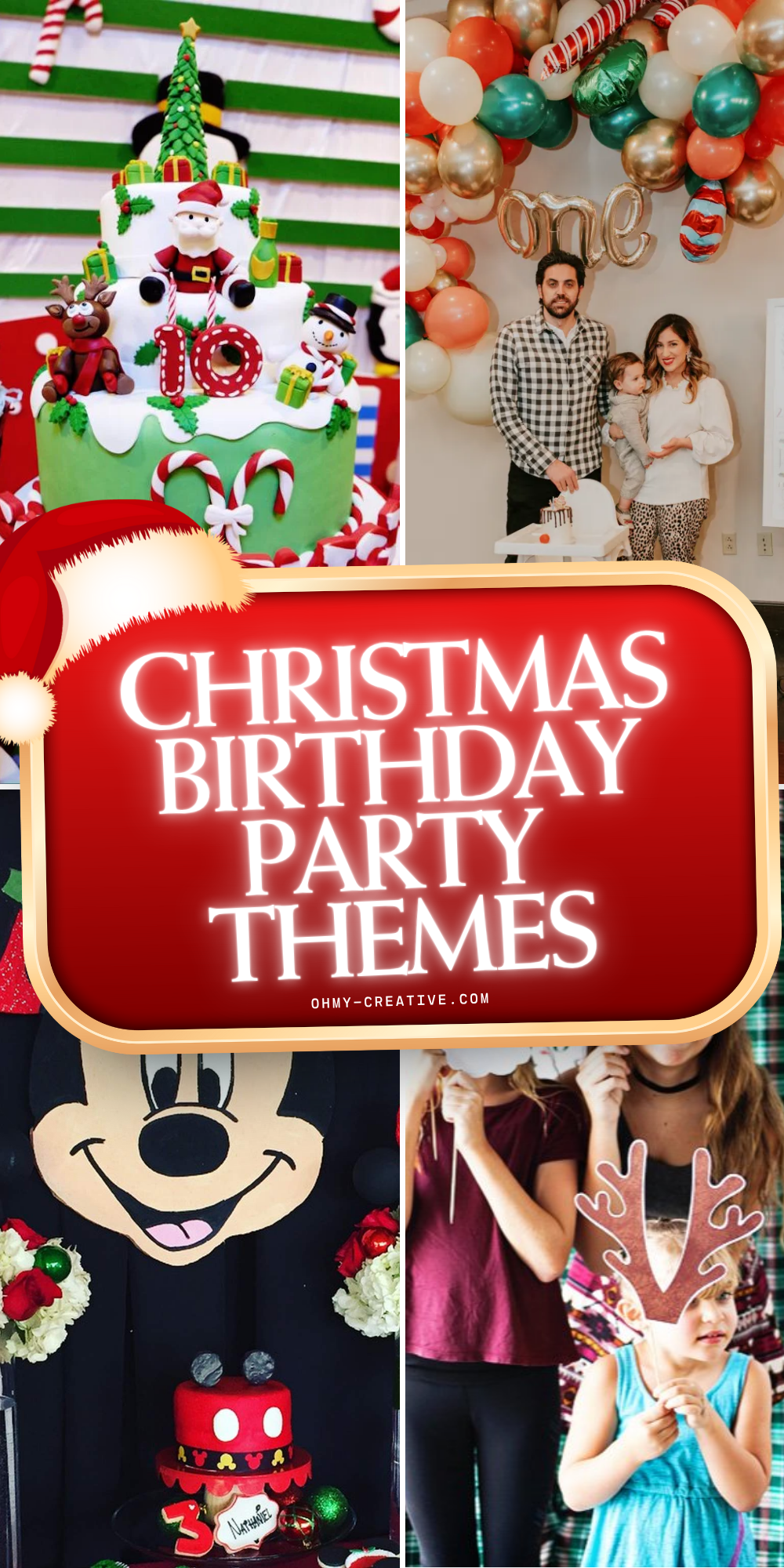 A collage image of Christmas Birthday Party Themes to create a cheerful day full of love, laughter, and holiday magic.