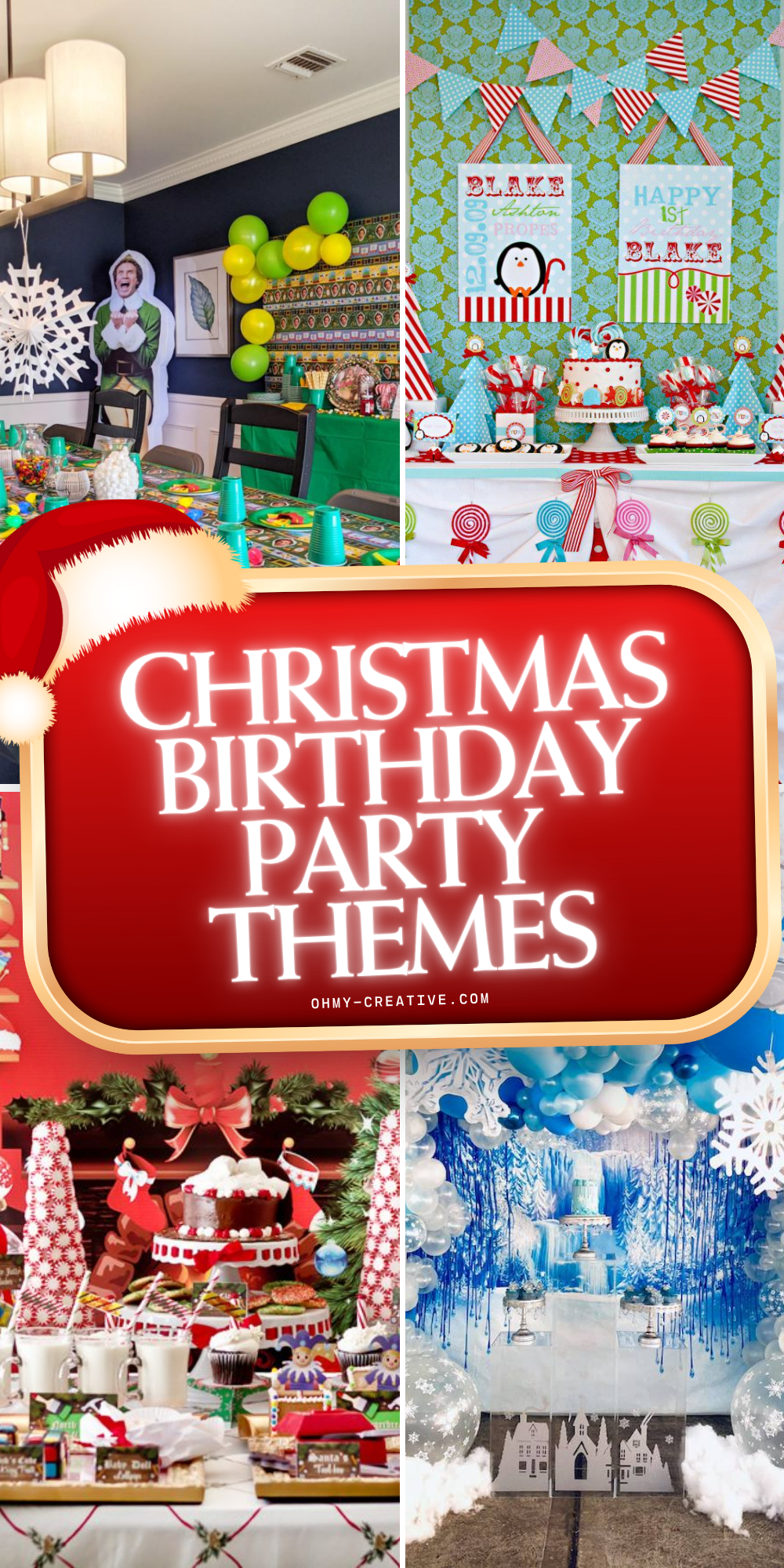 A collage image of Christmas Birthday Party Themes to create a cheerful day full of love, laughter, and holiday magic.