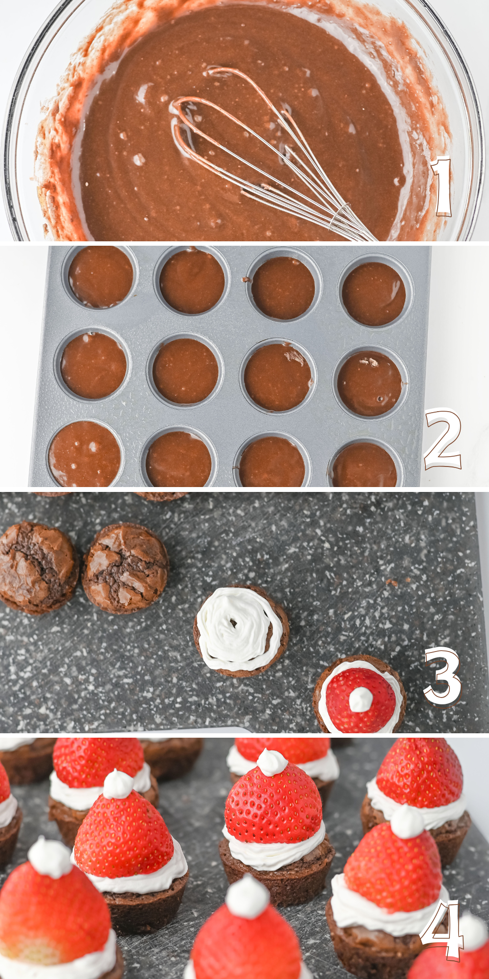 An image of step-by-step process on how to make a Santa Hat Brownie Bites.
