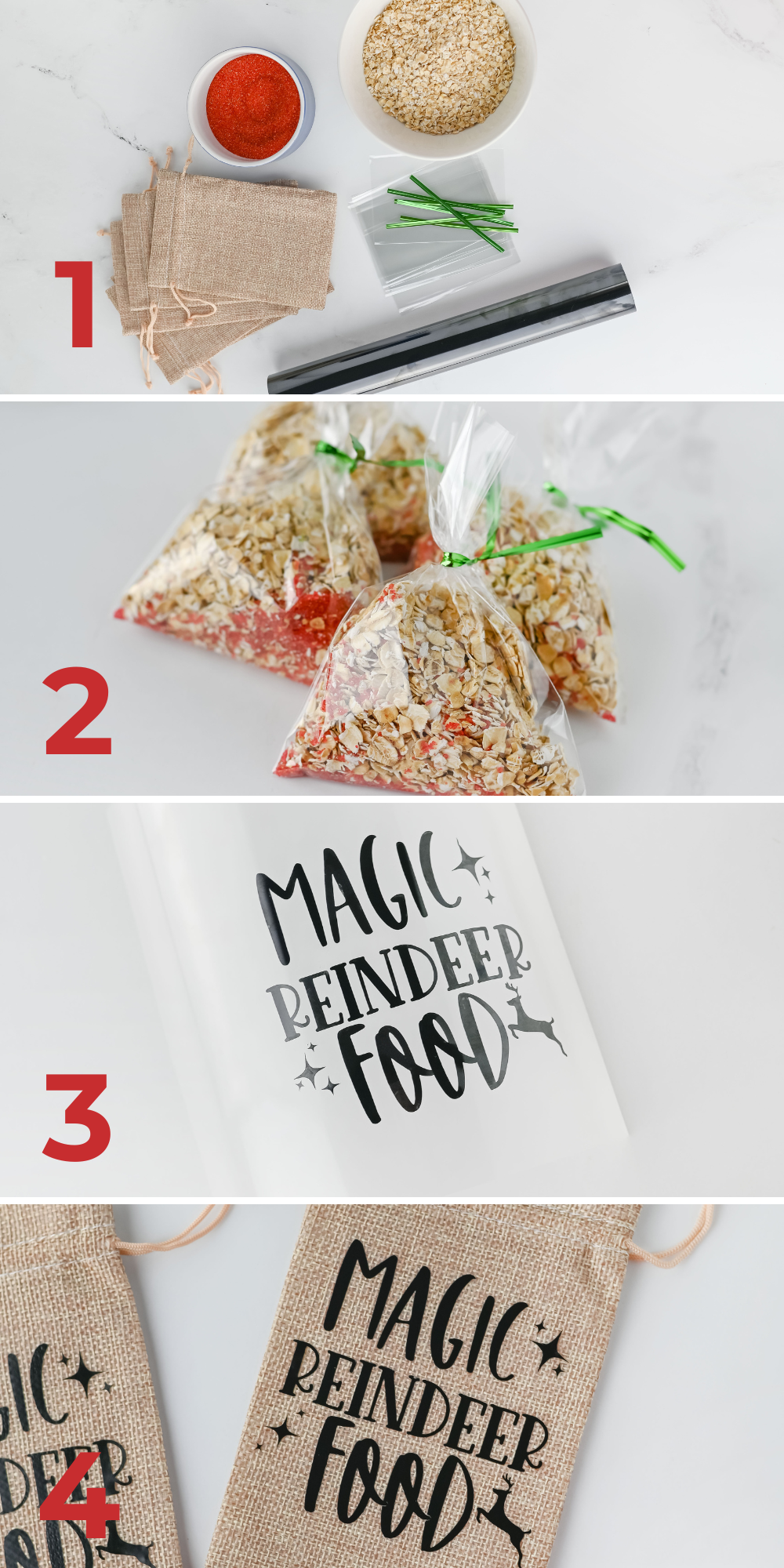 A collage image of step-by-step process on how to make a Reindeer Food Bags.
