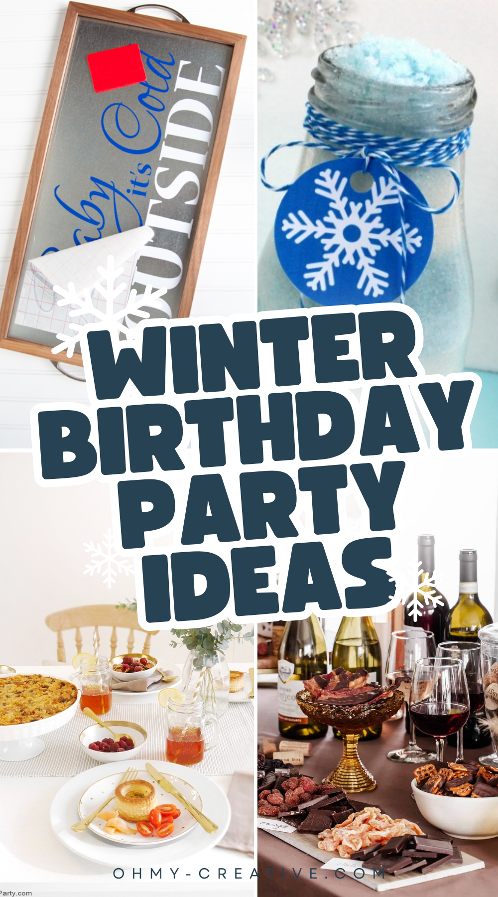 A collage image of winter birthday party ideas to help you turn chilly days into fun moments!