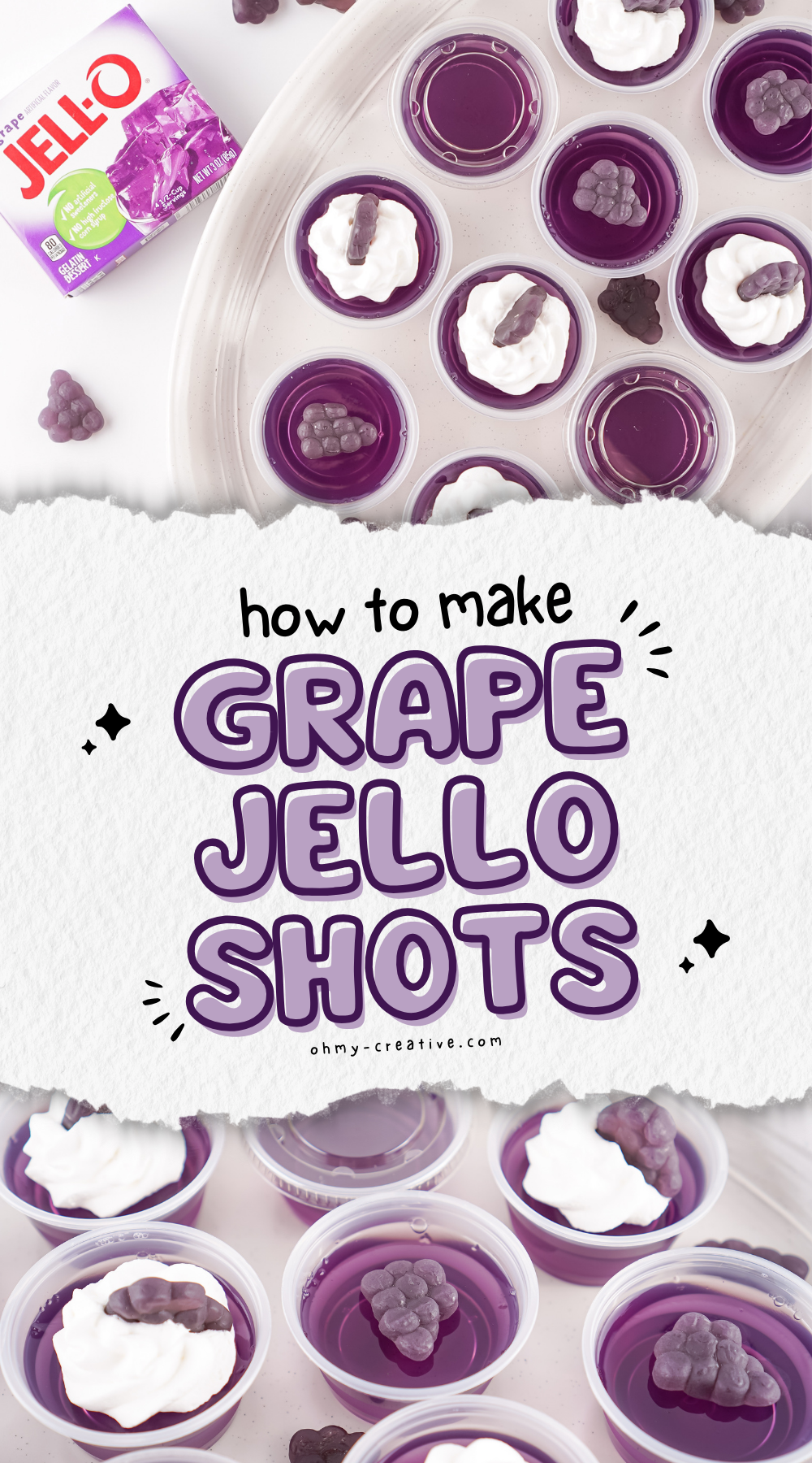 A collage image of Grape Jello Shots that tastte delicious as it looks.