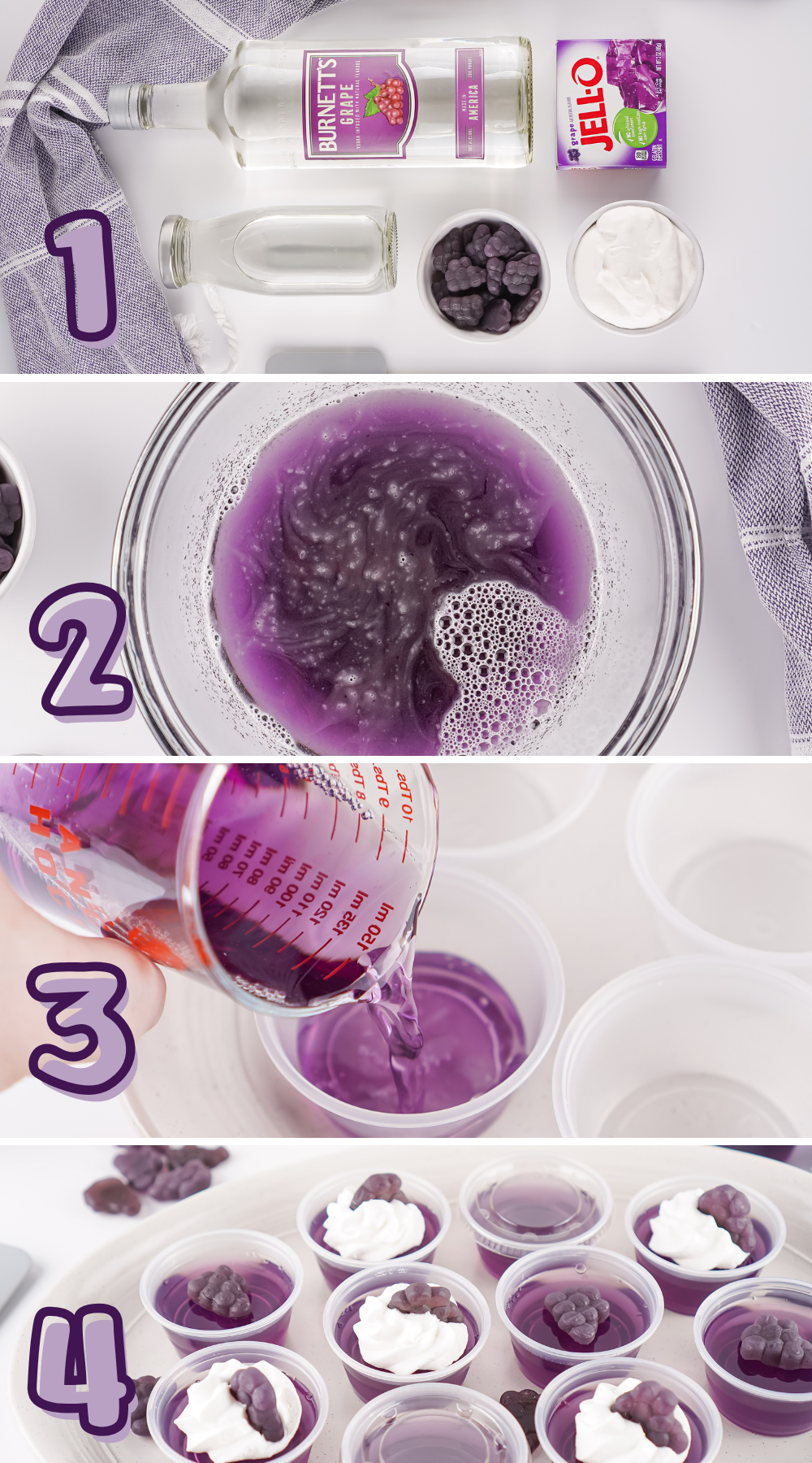 A collage image of step-by-step process on how to make a Grape Jello Shots.