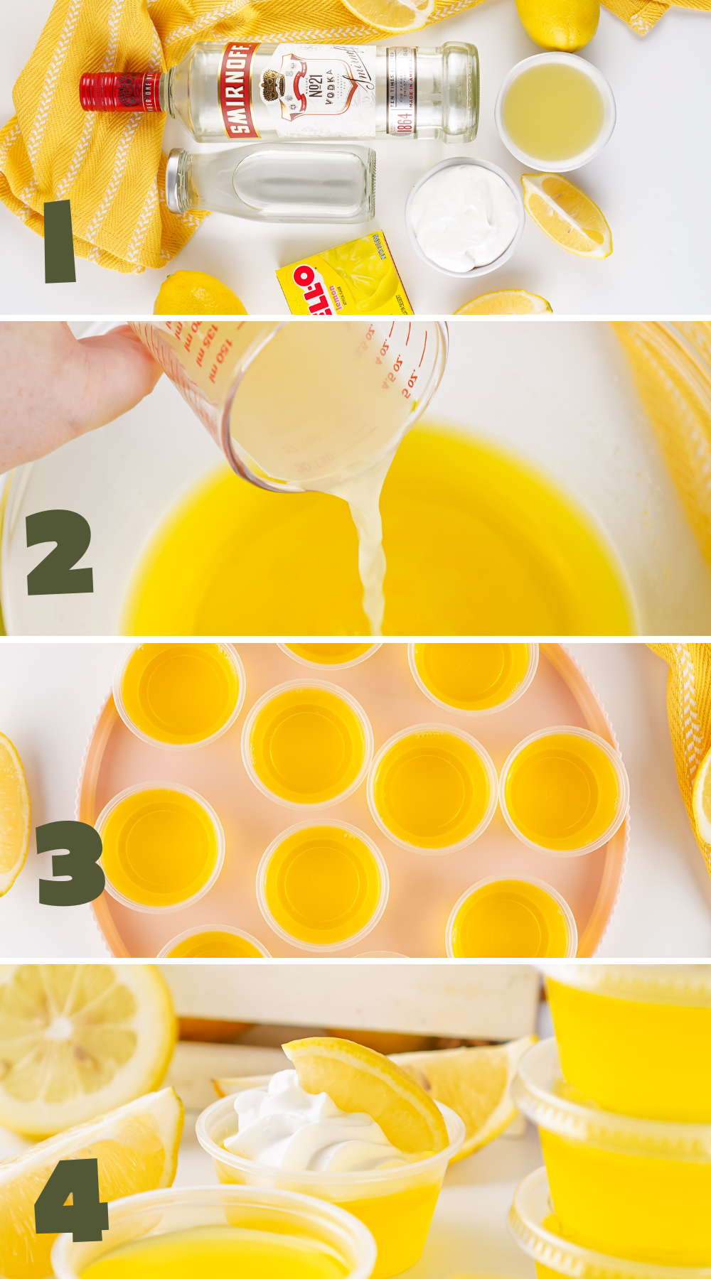 A collage image of step-by-step process on how to make Lemon Drop Jello Shots!