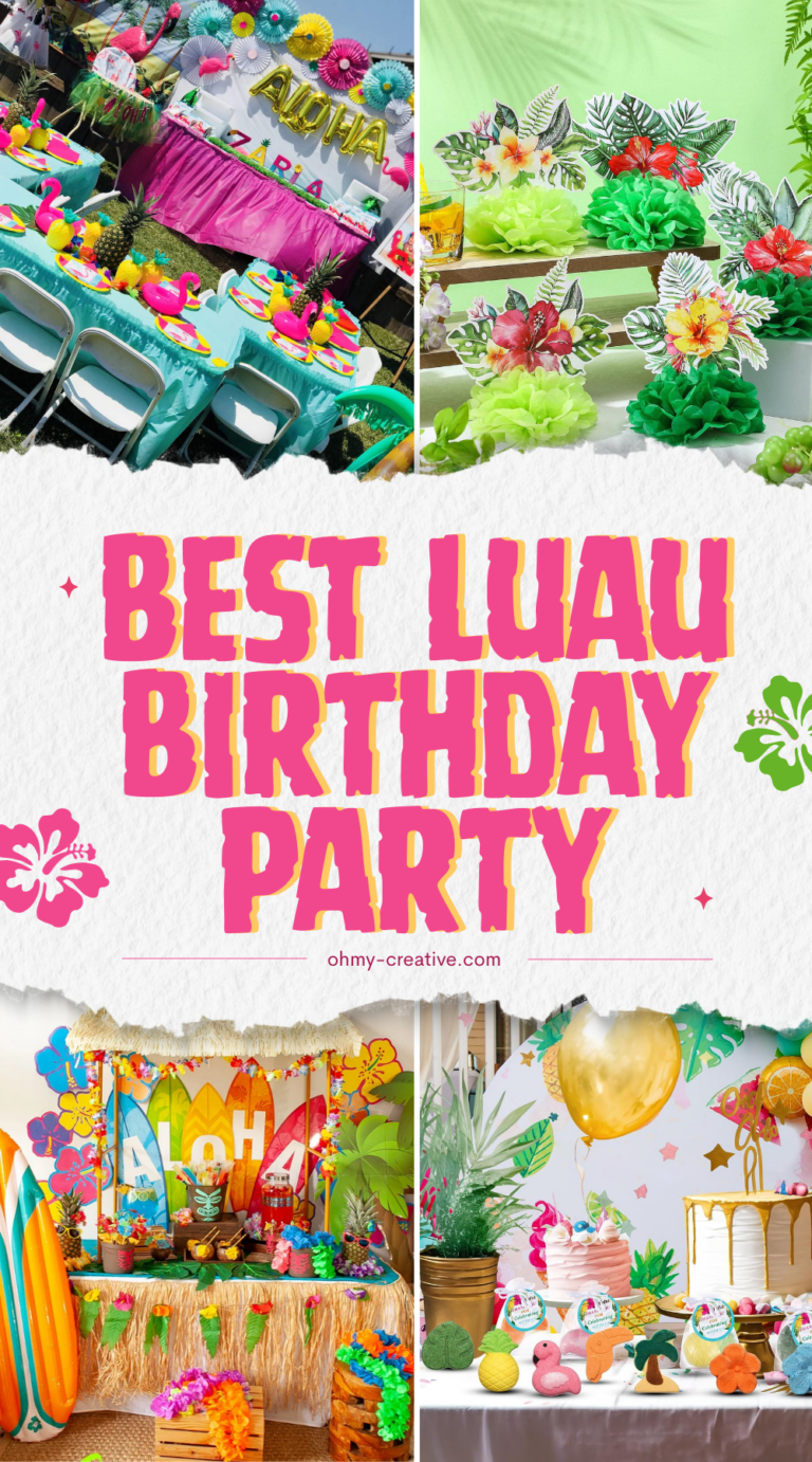 A collage image of Luau Birthday Party to bring the island party right to your house!
