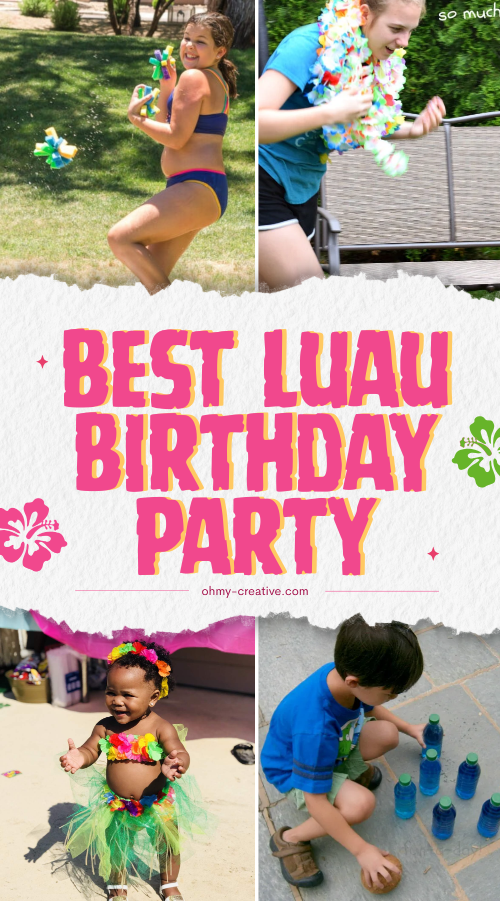 A collage image of Luau Birthday Party to bring the island party right to your house!