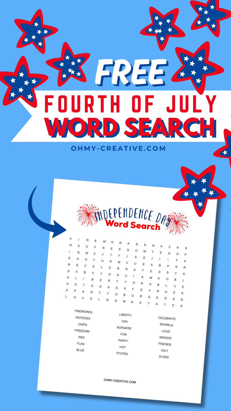 Pin image of a Fourth of July word search printable. Blue and red stars.