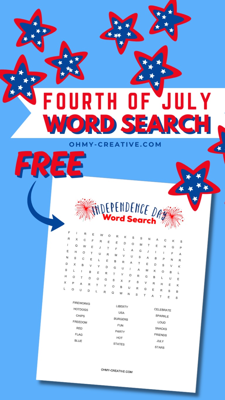 Pin image of a 4th of July word search printable. Blue and red stars.